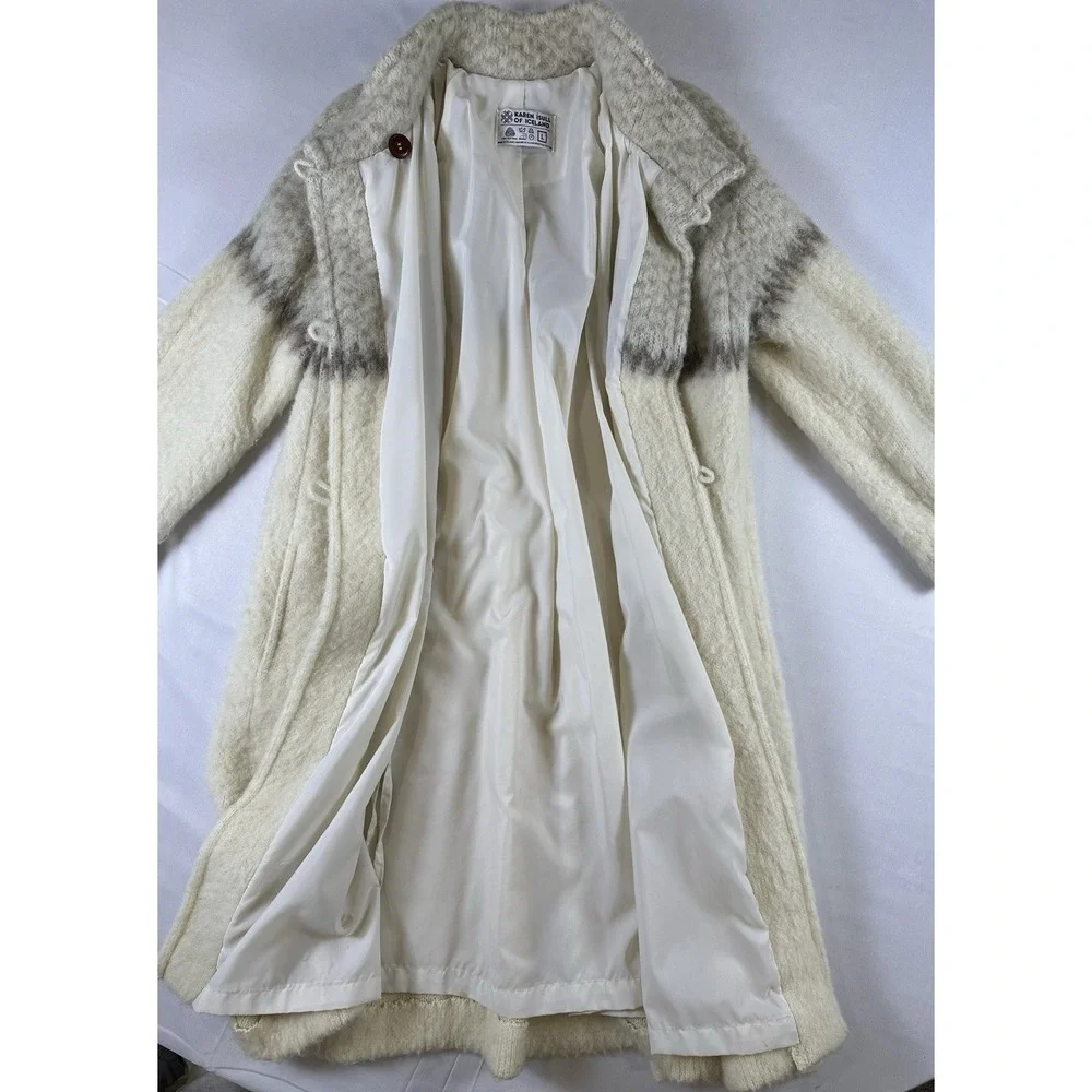 Vtg Karen Isull Of Iceland Wool Mohair Belted Duster Coat Cardigan Cream Brown L